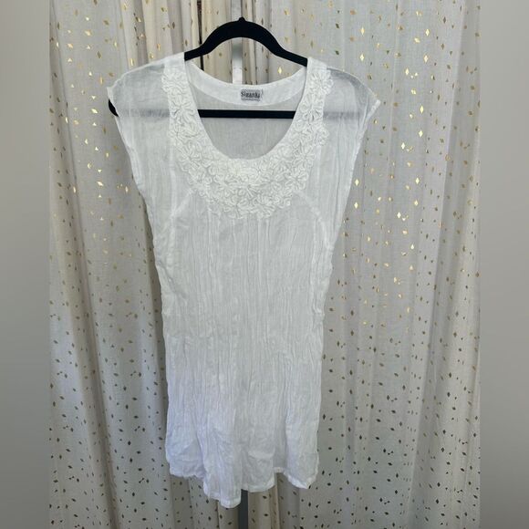 Siganka Maui Hawaii 100% Cotton Bohemian White Floral Embellished Sheer Dress M - Picture 2 of 6